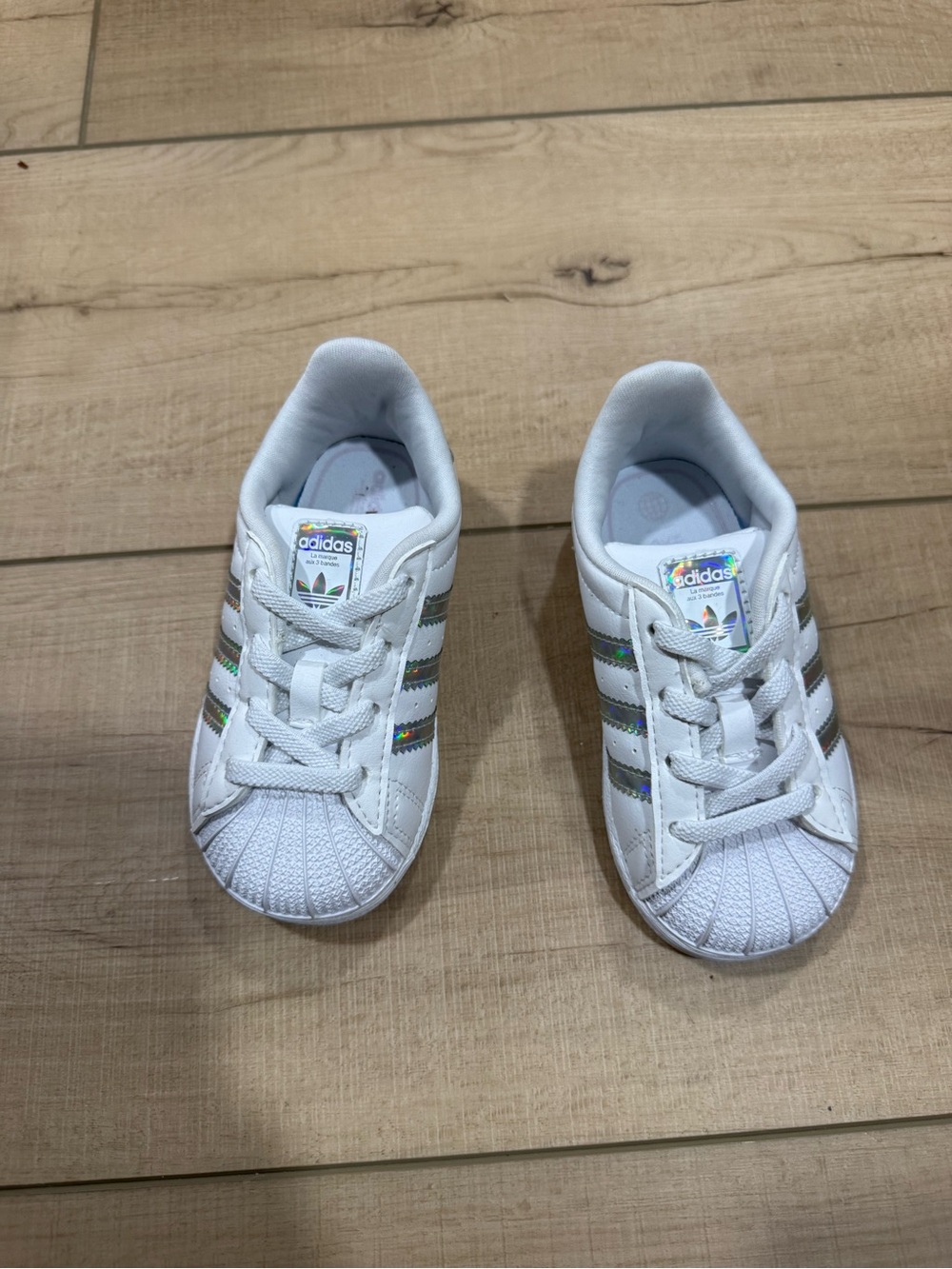 Adidas Toddler Sneakers Tennis Shoes White Silver Stripes 6K